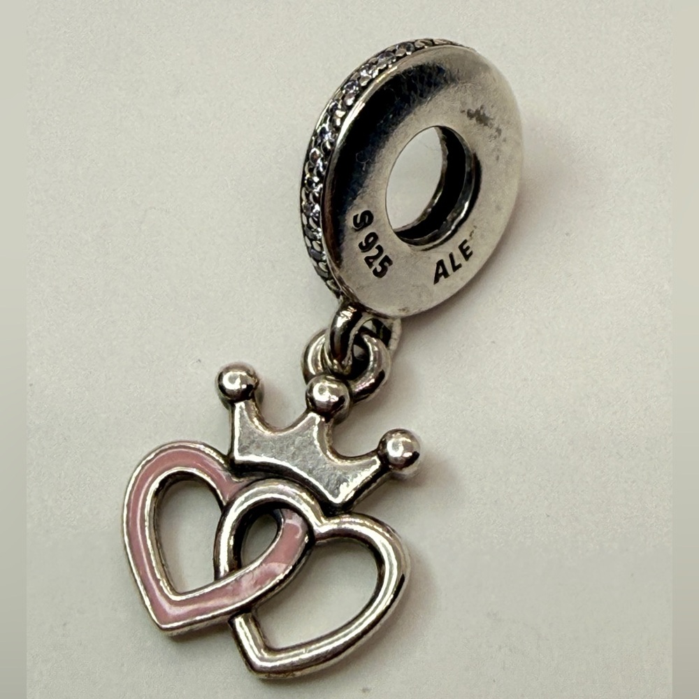 Pandora Pink Enamel Crown Double Hearts Dangle Charm S925 ALE